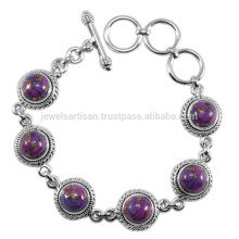 Natural Purple Copper Gemstone with 925 Silver Antique Design Chain Bracelet Charming Jewelry